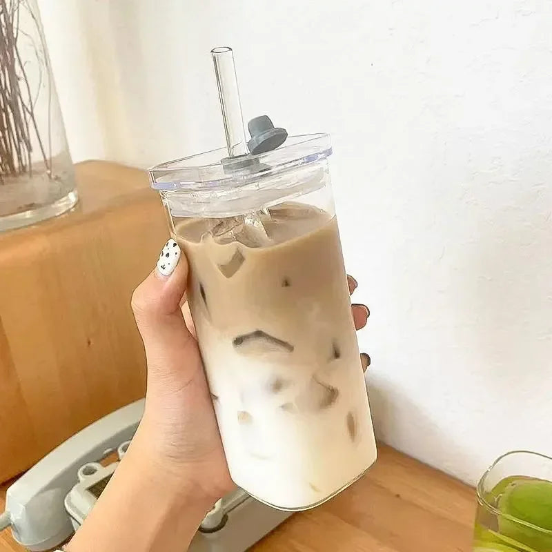 1pcs Square Heat-Resistant Coffee Glass Cup with Lid and Straw – Transparent Milk, Tea & Juice Mug for Home or Bar Drinkware