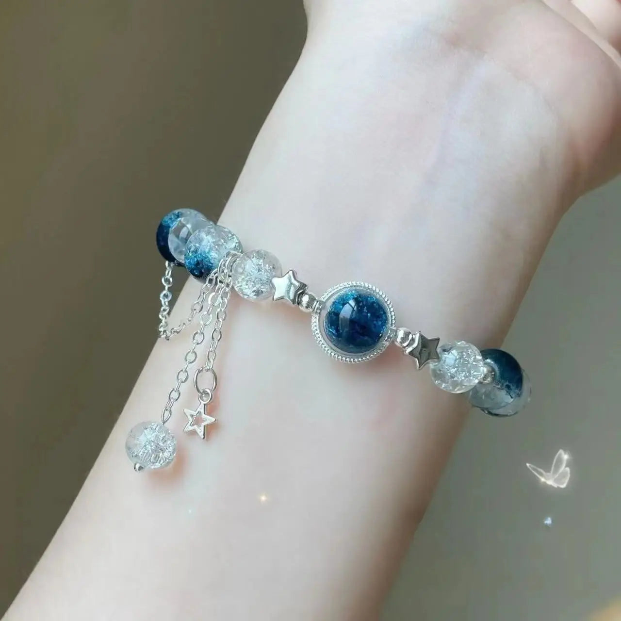 Niche Design Star Chain Tassel Bracelet – Fantasy Blue Crystal Beads Elastic Rope Bracelet for Women